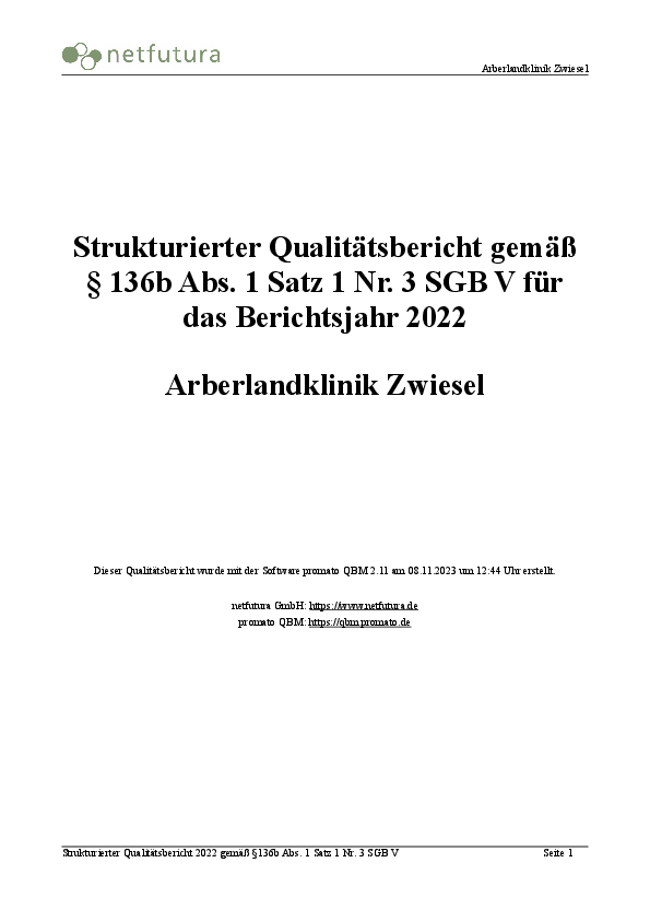 Strukturierter Qualitätsbericht Arberlandklinik Zwiesel 2022