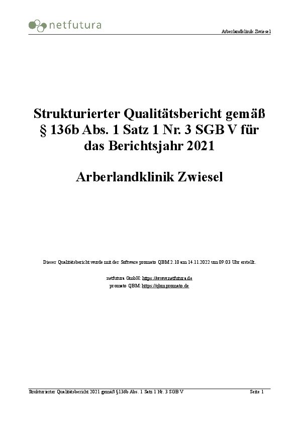 Strukturierter Qualitätsbericht Arberlandklinik Zwiesel 2021
