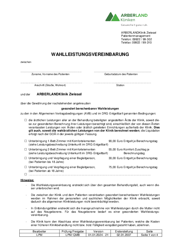 Patienteninformation Wahlleistungsvereinbarung Arberlandklinik Zwiesel